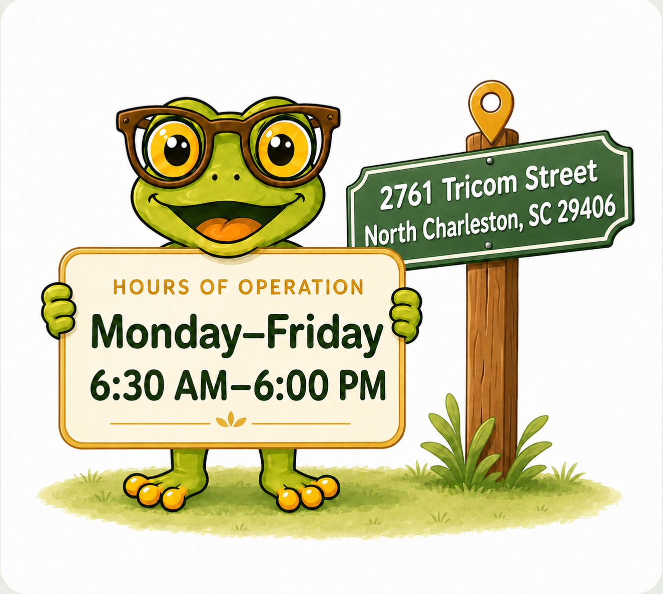 Frog Academy hours: Monday through Friday, 6:30 AM to 6:00 PM. Located at 2761 Tricom Street, North Charleston, South Carolina 29406.
